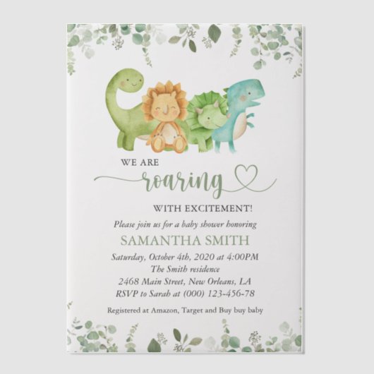 キュートな恐竜、Tレックス、ジュラ紀、赤ちゃんシャワー ベラム紙招待状 (正面)