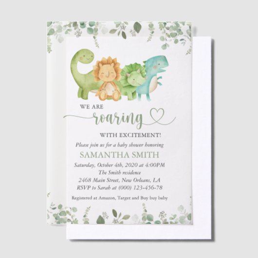 キュートな恐竜、Tレックス、ジュラ紀、赤ちゃんシャワー ベラム紙招待状 (オフセット)