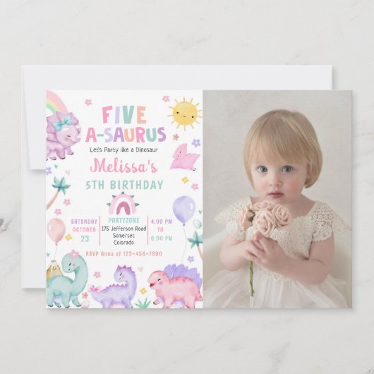 キュートな恐竜Five-A-Saurus 5誕生日写真 招待状 (正面)