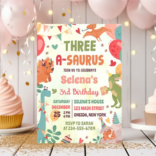 キュートな恐竜Three-A-Saurus 3rd誕生日パーティー 招待状