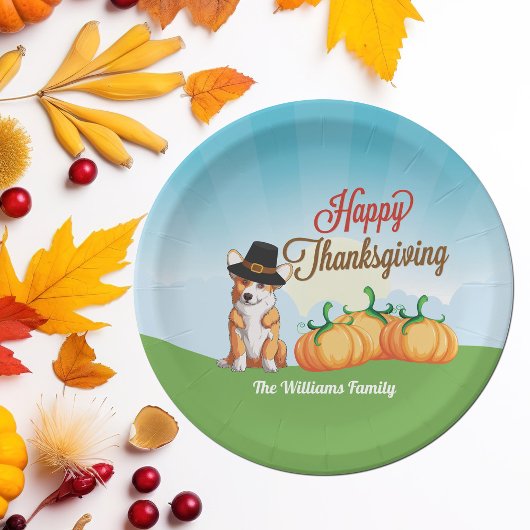 キュートな感謝祭コルギinピルグリムハットカスタム ペーパープレート
