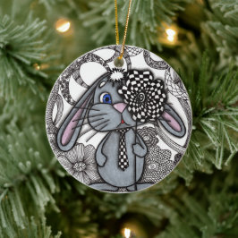 キュートな手描きのうさぎのゼンドゥードル クリスマス セラミックオーナメント