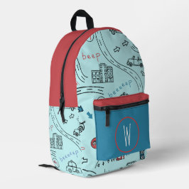 キュートな手描きのシティトラフィックカーのモノグラムキッズバッグ プリントバックパック
