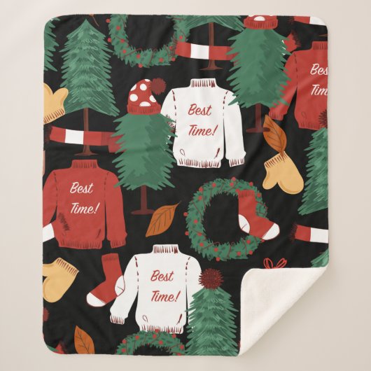 キュートな手描きクリスマストtrとシームレスなパターン シェルパブランケット (正面)