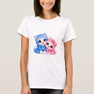 キュートな抱き合うネコの女性用Tシャツ | かわいい ブルー ピンク Tシャツ