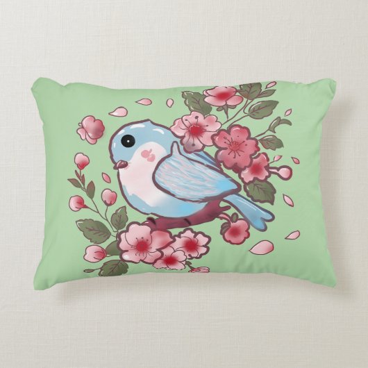 キュートな春の青い鳥と桜の水彩画 A アクセントクッション (正面)