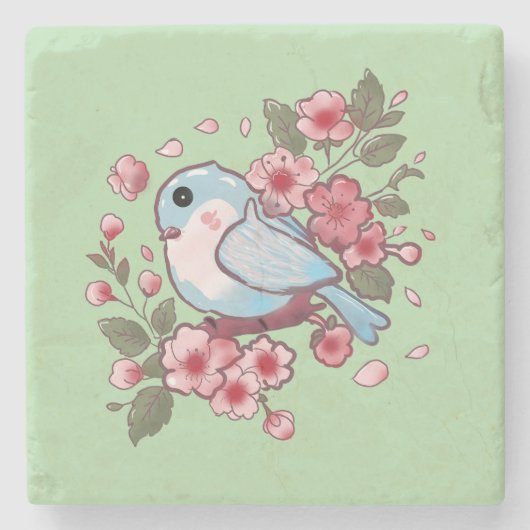 キュートな春の青い鳥と桜の水彩画 A ストーンコースター (正面)