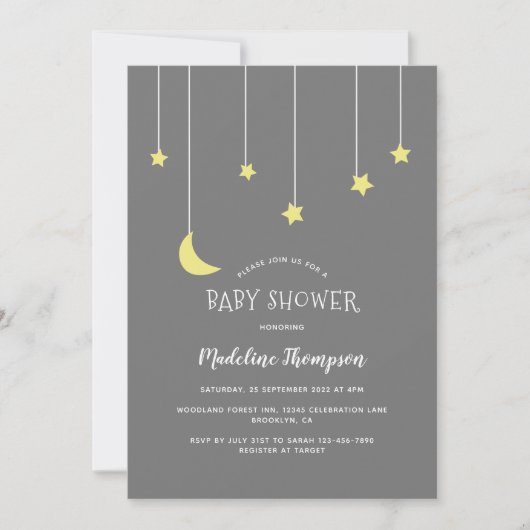 キュートな月の星の下にニュートラルグレーベビーシャワー 招待状 (正面)