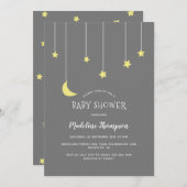 キュートな月の星の下にニュートラルグレーベビーシャワー 招待状 (正面/裏面)
