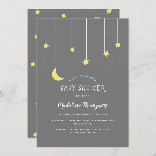 キュートな月の星の下にニュートラルグレーベビーシャワー 招待状 (正面/裏面)
