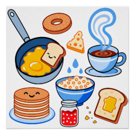 キュートな朝食パターン - かわいい食品のシームレスデザイン ポスター