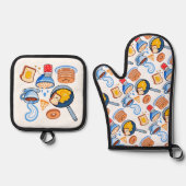 キュートな朝食パターン - かわいい食品のシームレスデザイン 鍋つかみ&鍋敷きセット (正面)