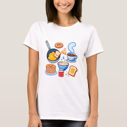 キュートな朝食パターン - かわいい食品のシームレスデザイン Tシャツ (正面)