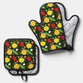 キュートな柄のフルーツ野菜食品 鍋つかみ&鍋敷きセット (正面/裏面)
