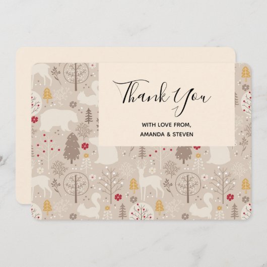 キュートな森の動物の北欧パターン サンキューカード (正面/裏面)