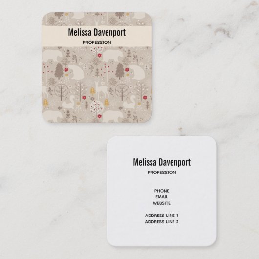 キュートな森の動物の北欧パターン スクエア名刺 (正面/裏面)