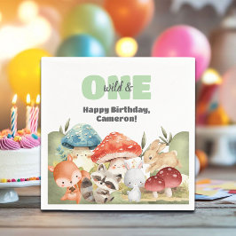 キュートな森の動物の1歳の誕生日パーティー スタンダードカクテルナプキン