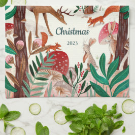 キュートな森の動物クリスマスフォレスト キッチンタオル