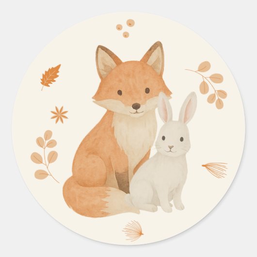 キュートな森の動物ステッカー – 子狐と子ウサギ ラウンドシール (正面)