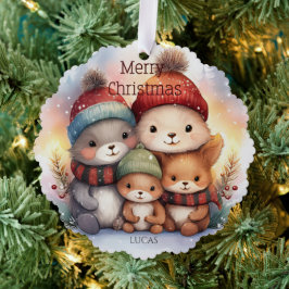 キュートな森の動物ファミリー メリークリスマス ペーパー オーナメントカード