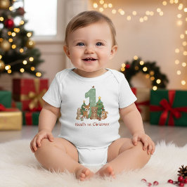 キュートな森の動物 赤ちゃんの最初のクリスマス グリーン1 ベビーボディスーツ