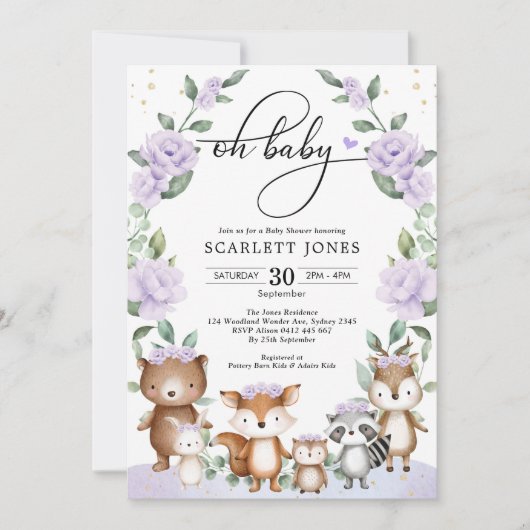 キュートな森の紫のフローラ緑のベビーシャワー 招待状 (正面)