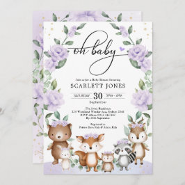 キュートな森の紫のフローラ緑のベビーシャワー 招待状