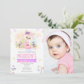 キュートな森の花柄のキツネの女の子 1歳の誕生日写真 招待状 (スタンド正面)