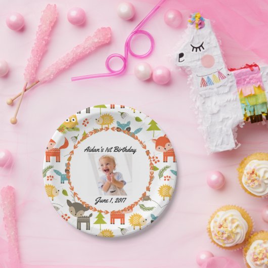 キュートな森林動物のカスタム写真パーティープレート ペーパープレート (パーティー)