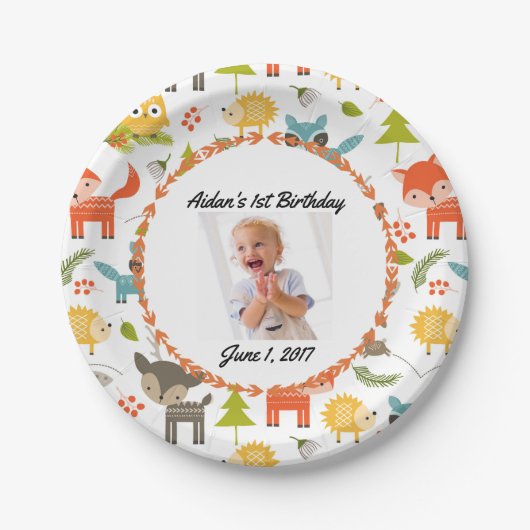 キュートな森林動物のカスタム写真パーティープレート ペーパープレート (正面)