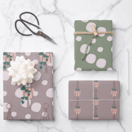 キュートな植物マクラメ散乱ドット緑のパターン ラッピングペーパーシート