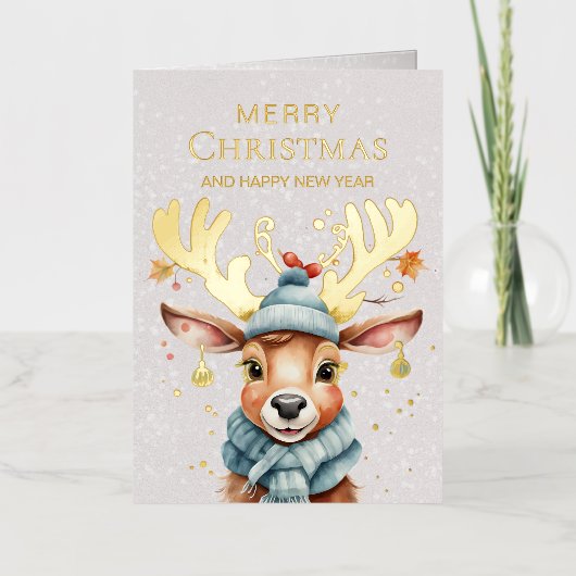 キュートな水の色お洒落クリスマスのトナカイ金ゴールド 箔シーズンカード (正面)