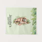 キュートな水の色のナマケモノ&トロピカル葉の聖域 タペストリー (正面(横))