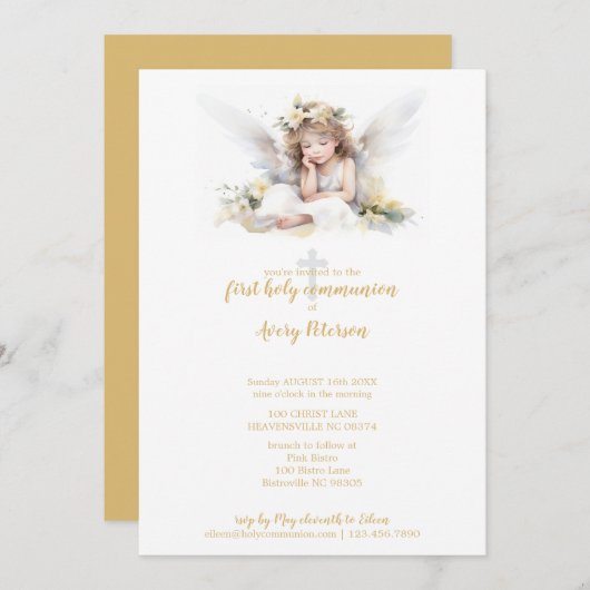 キュートな水の色エンジェルクロス最初の聖餐式 招待状 (正面/裏面)