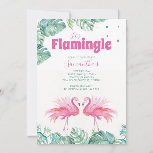 キュートな水彩フラミンゴの誕生日パーティー 招待状 (正面)