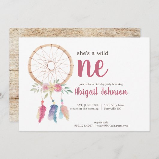 キュートな水彩夢のキャッチャー第1誕生日 招待状 (正面/裏面)