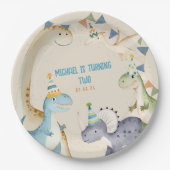 キュートな水彩恐竜、ベージュディノミテパーティー ペーパープレート (正面)