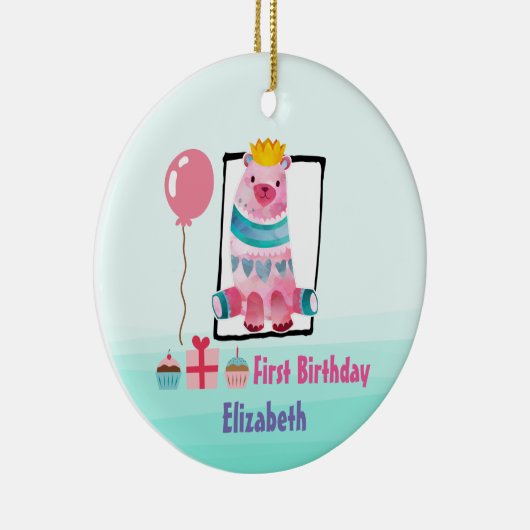 キュートな水彩熊クラウン付きファースト誕生日 セラミックオーナメント (右)