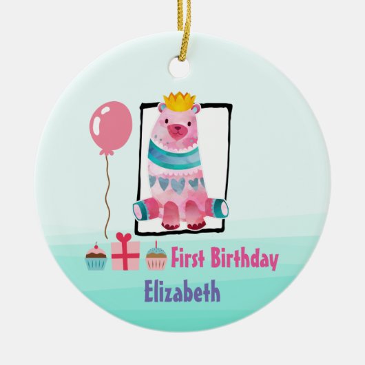 キュートな水彩熊クラウン付きファースト誕生日 セラミックオーナメント (正面)