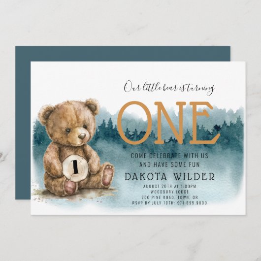 キュートな水彩熊ワンフォレスト誕生日 招待状 (正面/裏面)