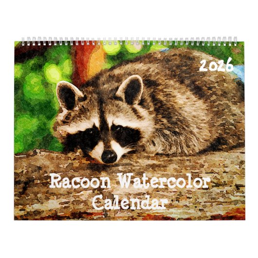 キュートな水彩画のアライグマ野生動物アート カレンダー (カバー)