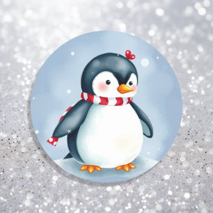 キュートな水彩色のクリスマスペンギン(スカーフ付) ラウンドシール