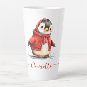 キュートな水彩色のパーソナライズされたクリスマスペンギン カフェラテマグ