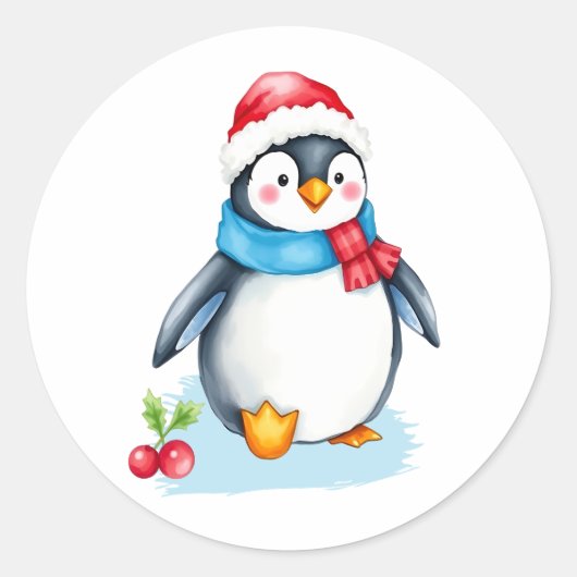 キュートな水色クリスマスペンギン ラウンドシール (正面)