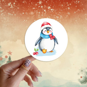 キュートな水色クリスマスペンギン ラウンドシール