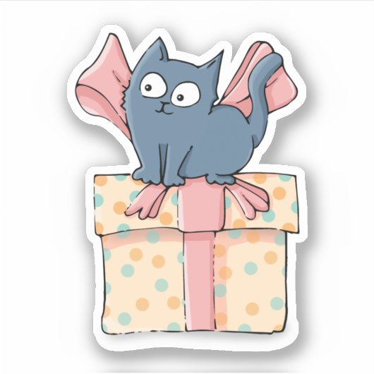 キュートな漫画の子猫ギフトボックスとピンクリボン シール (正面)