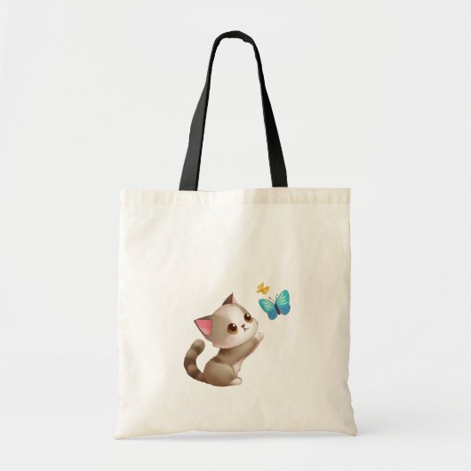 キュートな灰色のピンクの遊猫の青い黄色のバター トートバッグ (正面)