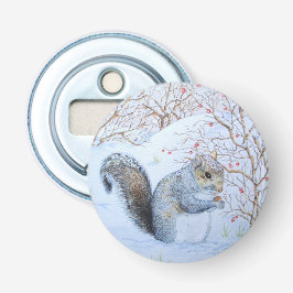 キュートな灰色リス雪のシーン野生生物アート 栓抜き