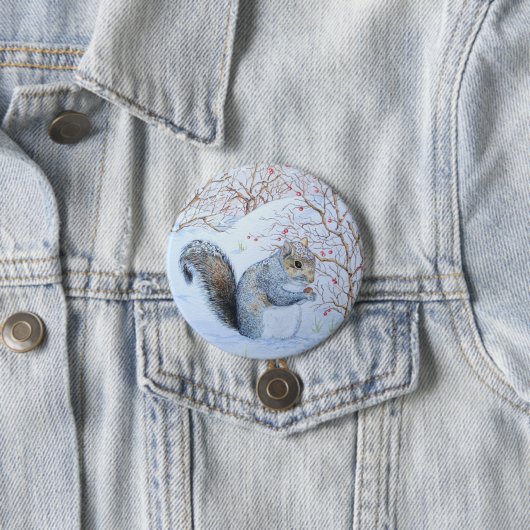 キュートな灰色リス雪のシーン野生生物アート 缶バッジ (インサイチュ)