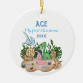 キュートな熱帯恐竜ベビー第1クリスマス セラミックオーナメント (正面)